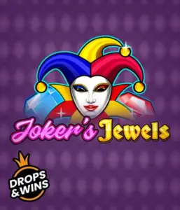 Discover the playful ambiance of the Joker's Jewels game by Pragmatic Play, highlighting a captivating joker's mask adorned with a brightly colored jester hat. This graphic conveys the light-hearted fun of casino gaming, set against a deep purple background. Perfect for fans of joker-themed slots, delivering a thrilling play experience. 