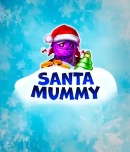  Discover the quirky "Santa Mummy" slot game by Belatra, featuring a Santa-clad mummy decked out in festive holiday attire. This colorful image presents the mummy with a bright purple hue, wearing a Santa hat, against a backdrop of snowy blue with icy snowflakes. The game's title, "Santa Mummy," is clearly shown in large, icy blue letters.